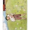 Pelle holding his sheep while standing in flower meadow, Painting from the book Pelle & his new suite by Elsa Beskow
